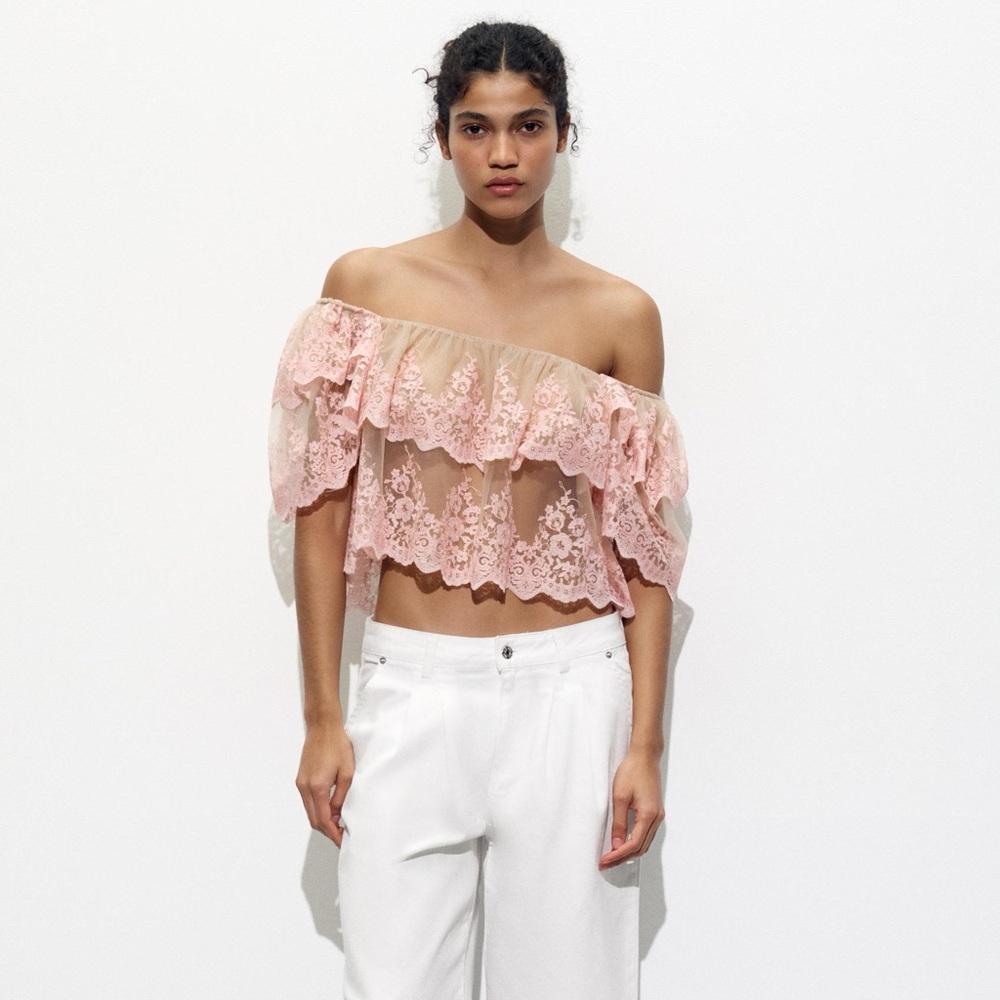 ZARA EMBROIDERED SEMI SHEER RUFFLE LACE CROPPED BLOUSE TOP Pink S
